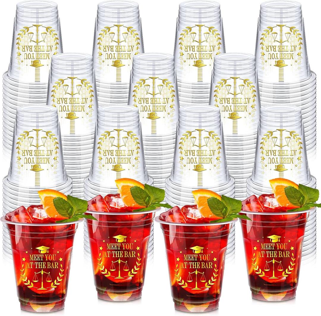 Qinyoung 100 Pcs 12 oz Law School Graduation Plastic Cups Bulk Meet You at The Bar Clear Disposable Cups Essential Supplies and Decorations for Law School Grad Festivities Graduation Party Favors, approximately 4.21 inches
