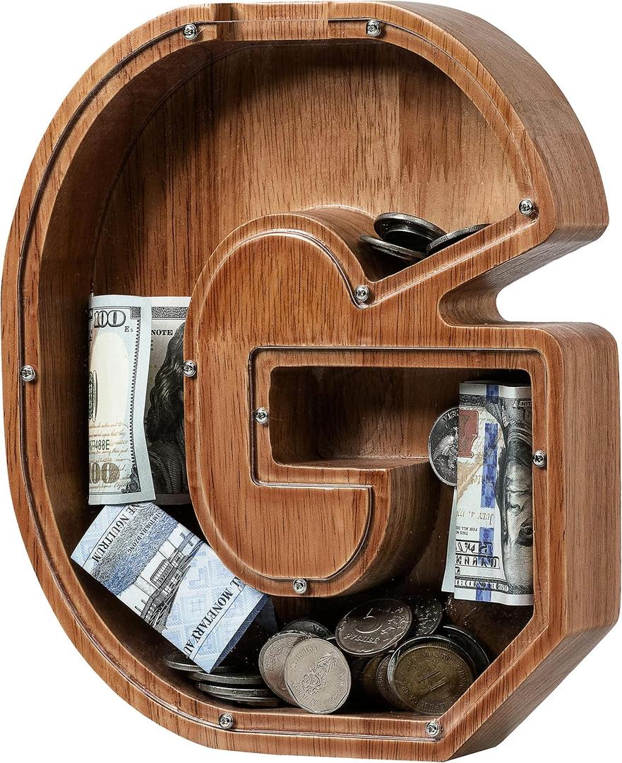 Piggy Bank for Kids Boys Girls, Wooden Large Letter Piggy Bank Alphabet Money Bank with Initial G, Coin Bank Fun Gifts for Birthday, Christmas, Festival, Baby Shower