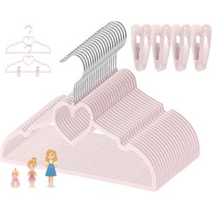 Kids Pink Velvet Clips Hangers - 13inch 50 Pack Baby Hanger with 20pcs Movable Clips, Stackable Non-Slip Heart Flocked Hangers Fit for Children and Toddler, Heavy-Duty and Space-Saving(Silver)