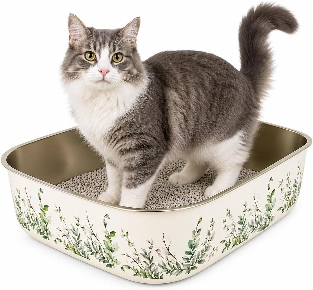 Extra Large Stainless Steel Cat Litter Box (23") – Hand-Painted Metal Litter Pan with Scoop, Odor Resistant, Non-Stick, Easy Clean (Pretty Plants)