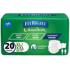 Medline FitRight Extended Wear Stretch Briefs, Overnight Adult Diapers with Tabs, Size 2 (Bag of 20) (Beige, XL)