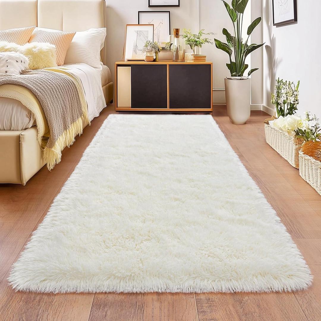 Cream White Runner Rug for Hallway, Bedroom Bedside Plush Rugs, Non Slip Fluffy Shaggy Carpet for Kids Home Decor, Dorm Nursery 2x6 Ft