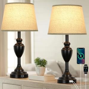 24" Tall Table Lamps with 2 USB Charging Ports, Farmhouse Rustic Bedside Nightstand Lamps for Bedrooms Set of 2, End Table Lamps Black for Living Room Office Dorm Reading