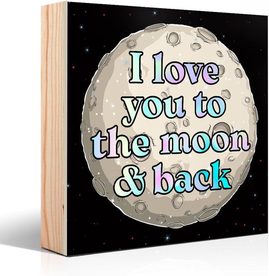 I Love You To The Moon And Back Wooden Box Sign, Love Desk Decor for Home Farmhouse Kids Room Bedroom Office Shelf Bedside Table, Moon Sign Gifts for Family Lover Wife Girlfriend Mom Sister BFF