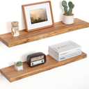 Floating Shelves for Wall Decor, Rustic Solid Elm Wood Live Edge Floating Shelves Wall Mounted, Wall Shelves with Invisible Bracket for Living Room Bathroom Bedroom Kitchen, 32 Inch Set of 2, Natural