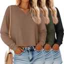 Ficerd 3 Pack Women's Crop Long Sleeve Tops V Neck Loose Cropped T Shirts Drop Shoulder Casual Basic Fall Winter Boxy Tees (Large, Black, Army Green, Coffee)