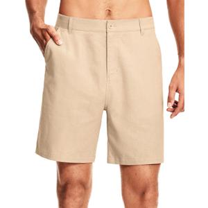 ISEEGZ 7" Men's Linen Shorts Dress Casual Work Golf Cotton Linen Shorts for Men Flat Front with Pockets Belt Loop (Beige, L)