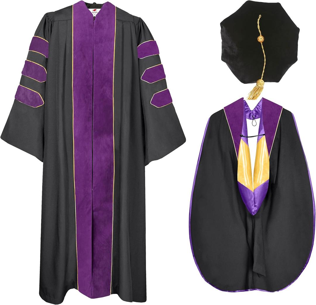MyGradDay Deluxe Graduation Doctoral Gown,Hood and 8-Side Tam Package, 45"(5'0"-5'2"), Purple
