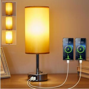 Cylinder Touch Dimmer USB Lamp with LED Bulb, Fabric Shade, 1 USB, 1 Type C Ports & 1 AC Outlet, Bedside Lamp for Bedroom, Golden