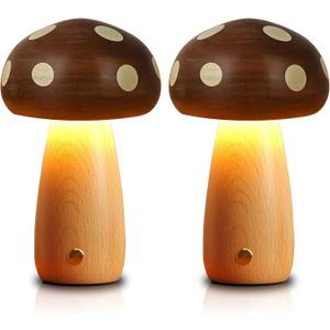 LONRISWAY 2 Pack LED Wood Mushroom Table Lamp, Rechargeable Cordless Touch Bedside Small Lamps, Wireless Stepless Dimming Night Light, Portable Battery Lamp for Bedroom Nightstand for Birthday Gifts
