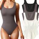 OQQ Women's 2 Piece Bodysuits Sexy Ribbed Sleeveless Square Neck Tank Tops Leotard 2025 Trendy Outfits (XX-Large,Tea Beige)