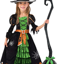 Light Up Witch Costumes for Girls, Toddler Halloween Dress with Broom and Hat, Kids Witch Costume Glow in the Dark for Wicked Halloween DressUp Party (M) over 2 years