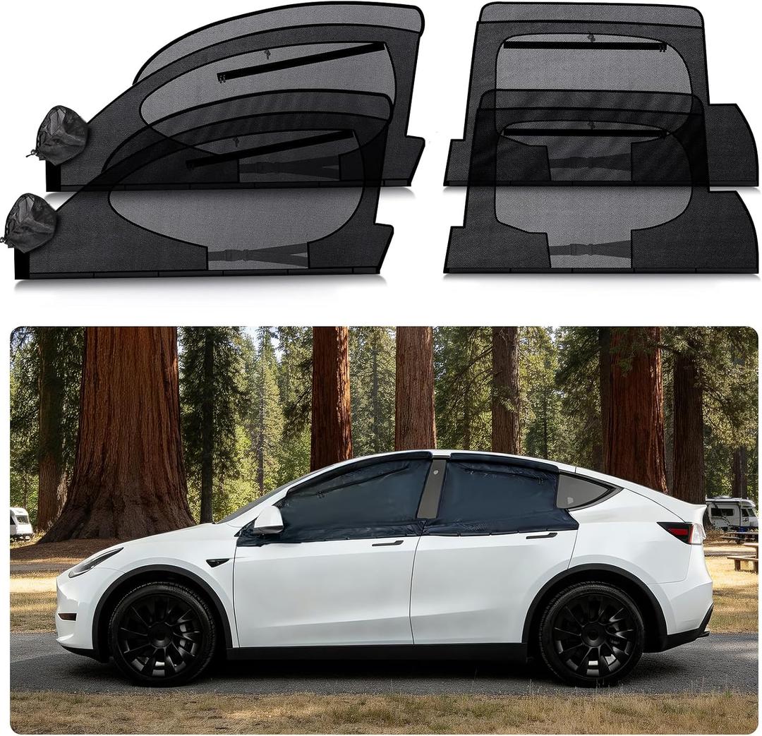 ZATOOTO Tesla Model Y Car Window Shade for Side Window 2020-2024 4Pack Car Window Screen for Camping Snug Fit Magnetic Sunshade for Model Y Removable Bug Proof Breathable Mesh UV Block for Family Trip