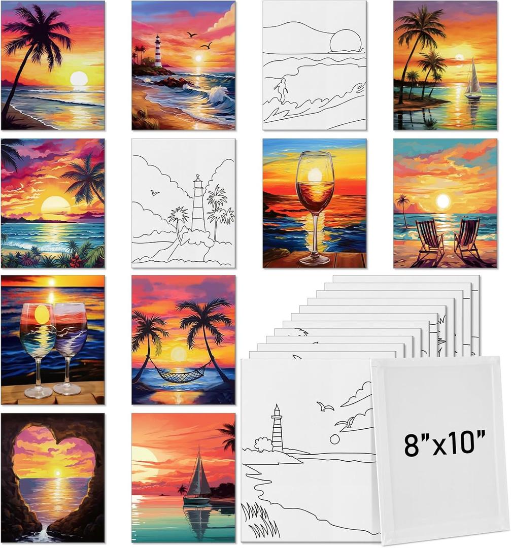 Tinlade 12 Pcs 7.9 x 9.8 Inch Pre Drawn Canvases for Painting Pre Stretched Canvas DIY Coloring Outline Painting Boards for Beginners Adults (Sea Sunset)