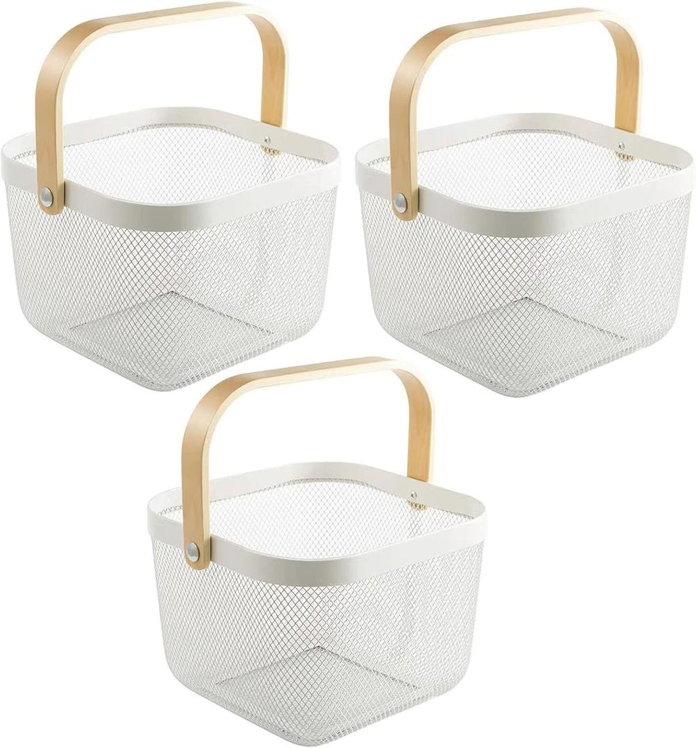 3 Pack Metal Mesh Steel Basket, Storage Organizer Basket Multi-function Hanging Kitchen Baskets Fruit Basket Bin with Wood Handle for Kitchen Bathroom Picnic Cabinet Home Decor, 3PCS-White