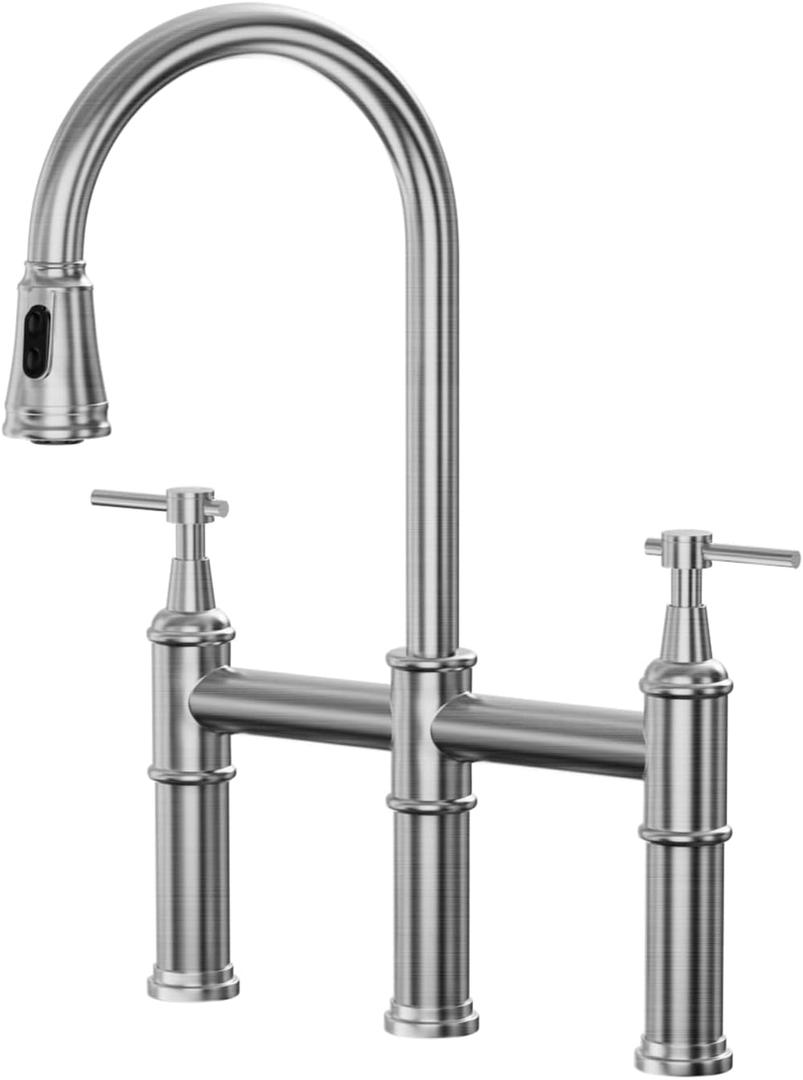 Kitchen Faucets with Sprayer, 3 Holes High Arc Double Handle Classic Stainless Steel Sink Faucet with Pull Down Sprayer Suitable for Farmhouse Camper Laundry Rv Bar, Brushed Nickel