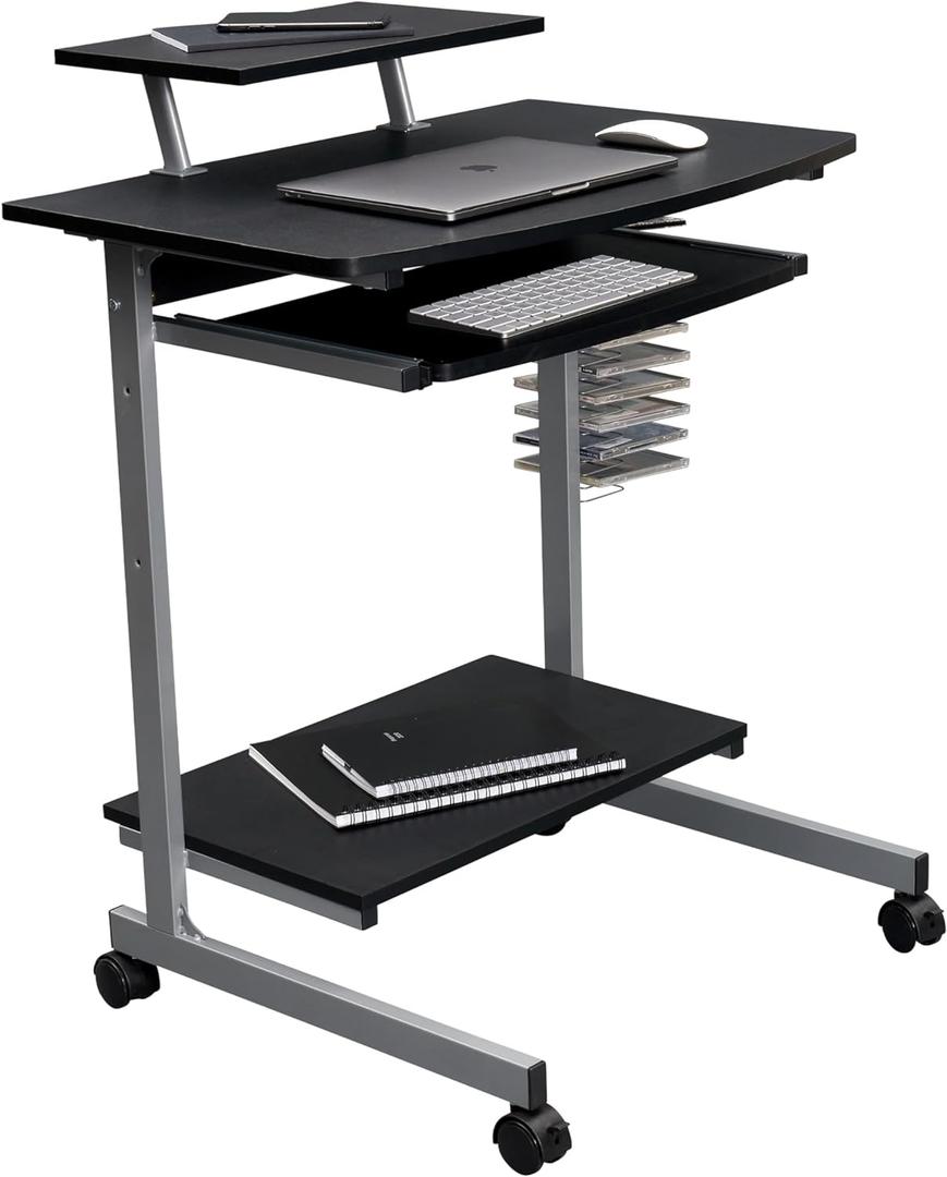 Rolling Mobile Computer Desk/Cart with Storage Shelves, Rolling Working Station for Small Spaces, Printer Shelf (Graphite)