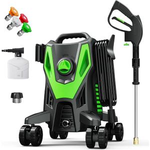 Electric Pressure Washer with Anti-Tipping, 35FT Power Cord, Cleaning Machine with Foam Cannon for Cars Fences Driveways Patios Home Cleaning Green