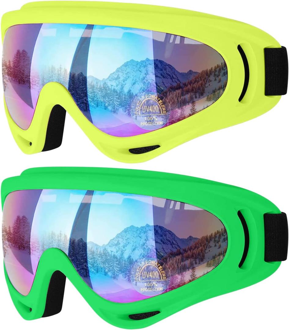 COOLOO Ski Goggles, 2 Pack Snow Goggles Snowboard Goggles for Men Women Kids - UV Protection Foam Anti-Scratch Dustproof (One Size, 10.yellow/Green)