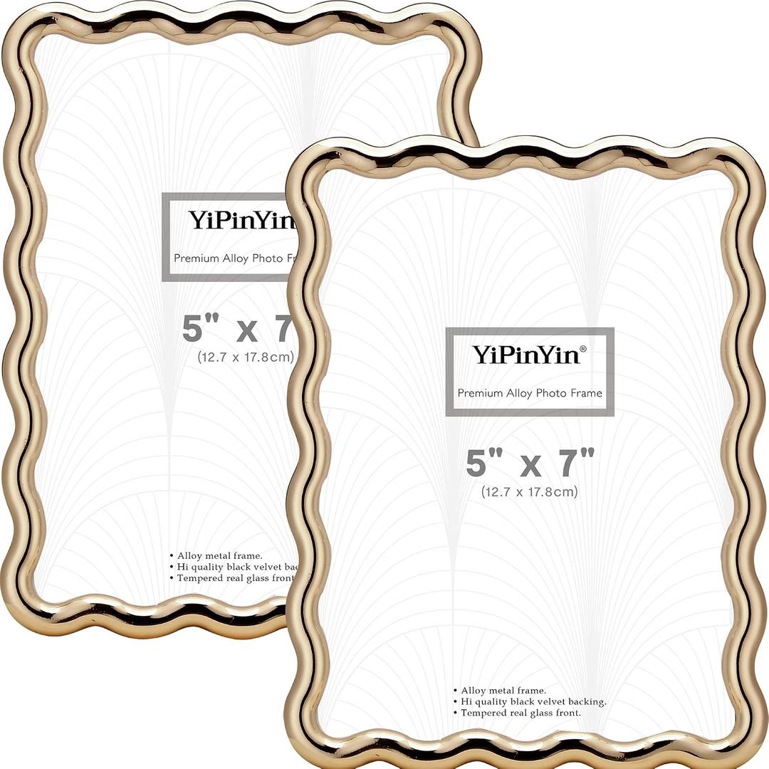 YiPinYin 5x7‘’ Gold Picture Frames Set of 2,High-End Heavy Duty Zinc Alloy Photo Frames with Wave Design,Velvet Backing,Dual Use for Desktop Display & Wall Hanging,Fashionable Decor Frames