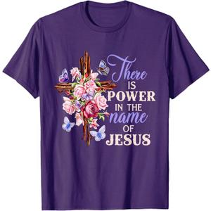 Cross and Flower There is Power in The Name of Jesus Christ T-Shirt, XXL