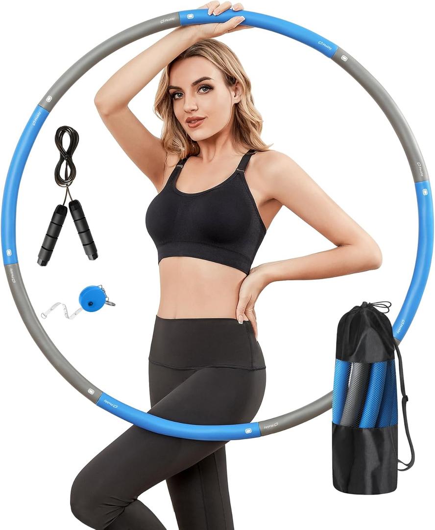 Weighted Exercise Hoop for Adults, 2.2lb Detachable Fitness Hoop, Adjustable Hoop with Jump Rope, Tape Measure and Carry Bag, Home Gym Workout (Blue Grey)