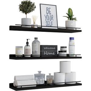 WOPITUES Floating Shelves 24 inch with Gold Metal Guardrail, Shelves for Wall Decor Set of 3, Wall Shelves for Bedroom, Bathroom, Kitchen, Living Room, Plants, Picture Frames, Art- Black (23.6 inch)