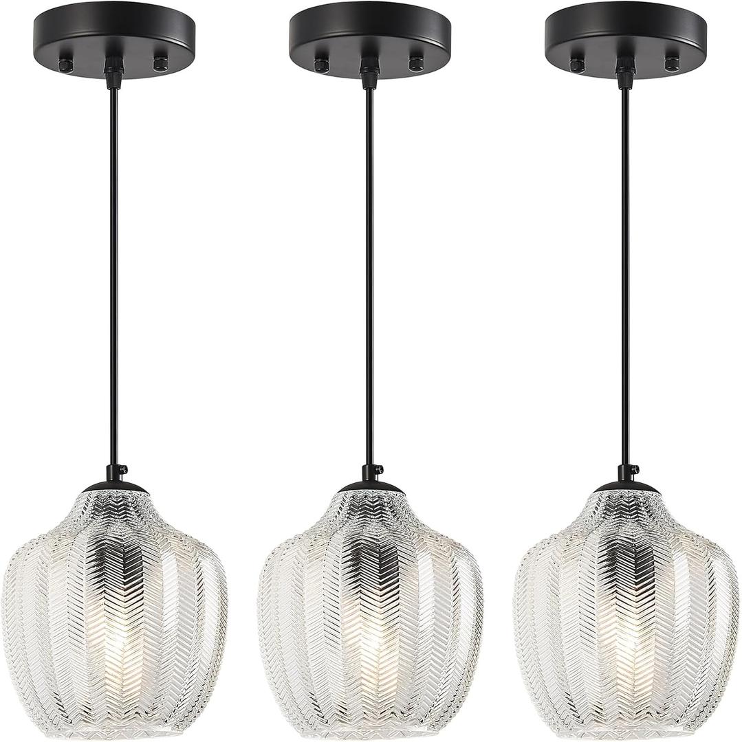 Clear Ribbed Glass Pendant Light, 6.29" Modern Hanging Light Fixture, Pendant Lights Kitchen Island & Dining Room, Adjustable Cord E26 Base (Model A, 3-Pack)