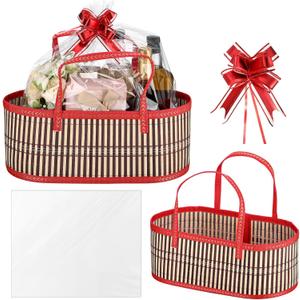 Reallnaive 1 Set Empty Gift Baskets Large Woven Bamboo Basket for Valentine's Day DIY Birthday Party Empty Gift 15.75 x 7.87 x 6.3 Inch, Bows and Cellophane Wrap Bags