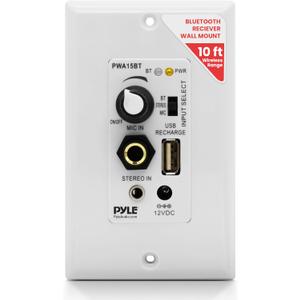 Pyle Wireless BT Receiver Wall Mount - 100W In-Wall Audio Control Receiver w/ Built-in Amplifier, USB/Microphone/Aux (3.5mm) Inputs, Speaker Terminal Block, Connect 2 Speakers, White - PWA15BT