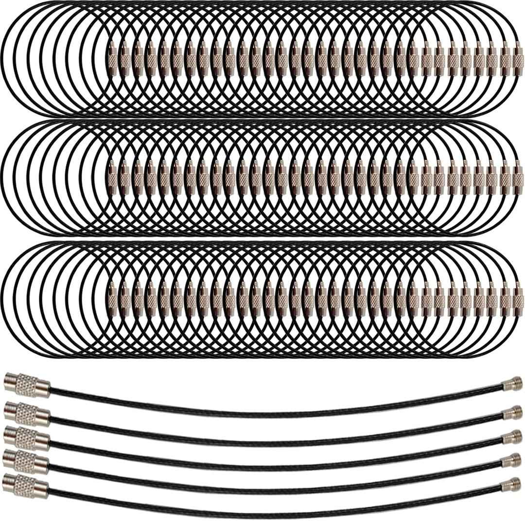 ROYHOO 100PCS 6 inch Black Stainless Steel Wire Keychains Cable, Key Rings, Heavy Duty Luggage Tags Loops Tag Keepers 1.5mm Twist Barrel