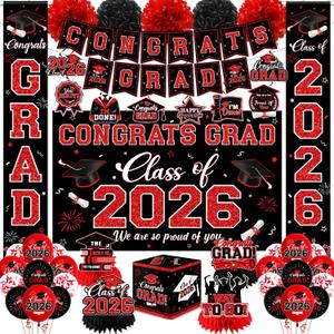 Graduation Decorations Class of 2026,Red Graduation Party Supplies- Congrats Grad Decorations Banner Hanging Swirls,Graduation Card Box,Paper Pompoms,Balloons,Porch Sign for College Grad Party
