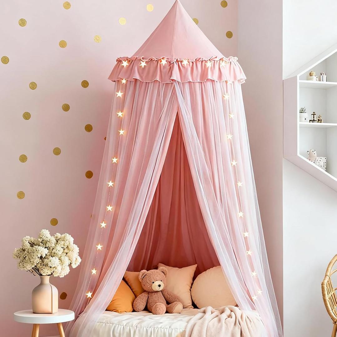 Bed Canopy with Star Lights, Double Layer Bed Canopy for Girls, Princess Canopy Bed Curtain for Twin Bed, Breathable Kids Dreamy Play Tent Room Castle Reading Nook, Machine Washable, 26''x125'' - Pink