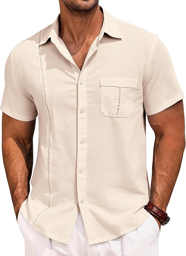 Runcati Mens Cuban Guayabera Shirts Button Down Short Sleeve Shirt Casual Mexican Summer Beach Wedding Tops with Pocket Beige XL