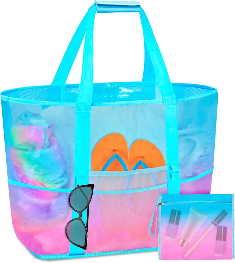Mesh Beach Bag - Large Beach Tote Bag Women Pool Bags with Zipper 10 Pockets Foldable Beach Toy Bag for Towel, Flip Flops (Pink+blue)