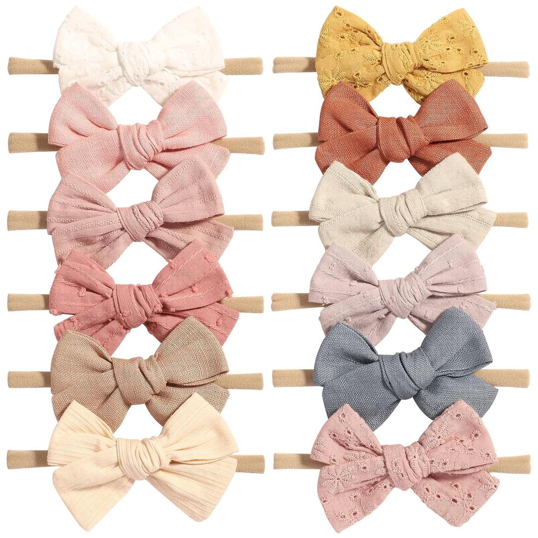 jollybows 12pcs Baby Girls Hair Bows Nylon Elastic Headband Hair Accessories for Infants Toddlers Newborn (1-12pcs Light Pattern)