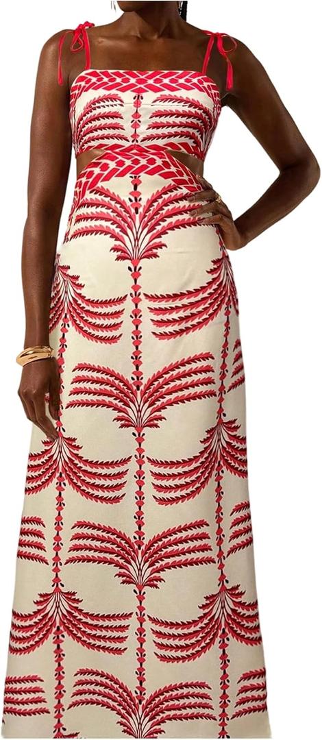 SOLY HUX Women's Summer Maxi Dress Boho Print Tie Shoulder Spaghetti Strap Cut Out Tie Back Cami Dresses Sundress (Pink Print, X-Small)
