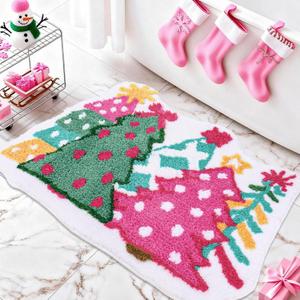 Whaline Christmas Rug Pink Green Christmas Tree Bath Mat Non Slip Doormat Xmas Winter Front Mat for Holiday Home Bathroom Decoration
