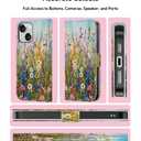 DEENAKIN for iPhone 16 Wallet Case with Card Holder + Cash Clip, RFID-Blocking, Military-Grade Drop Protection & UV-Printed Artwork, Magnetic Closure with Leather Kickstand - Wildflowers Painting