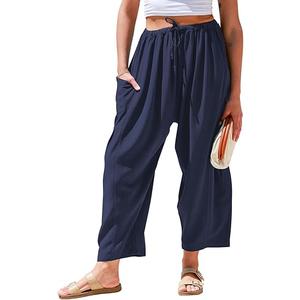 TARSE Womens Linen Wide Leg Pants Casual Loose Drawstring Summer Beach Travel Vacation Palazzo Harem Pants with Pockets (XS, Navy)