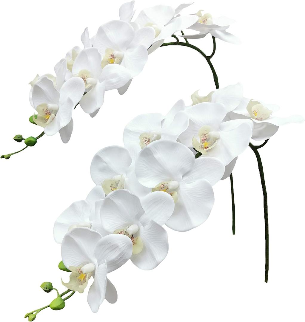 Fnize Orchid Stems Artificial Flowers Real Touch Latex Faux Phalaenopsis Branches 9 Large Blooms 38 Inches 2pcs White