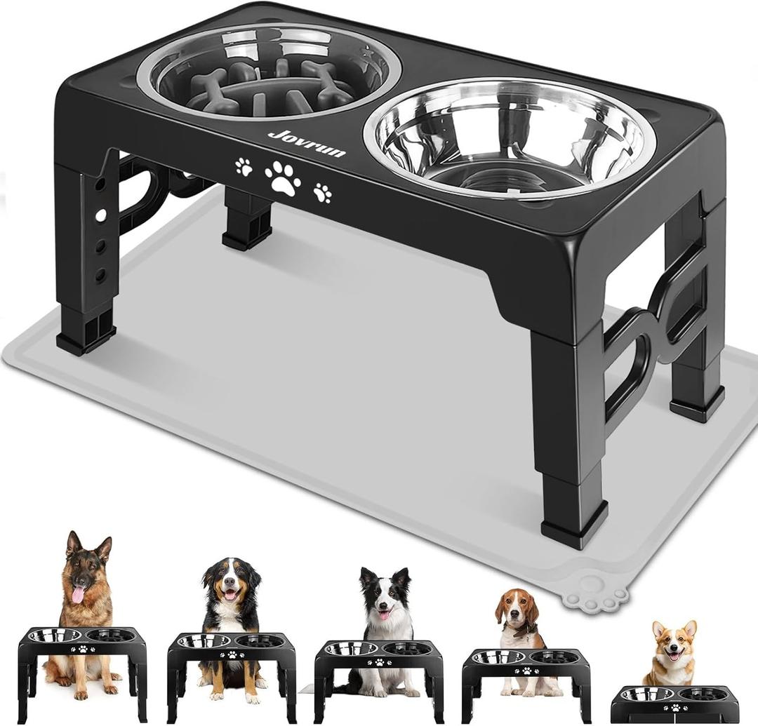 Elevated Dog Bowls, Dog Feeder with Stainless Steel Dishes & Slow Feeder Bowl, 5 Heights Adjustable Raised Stand for Medium Large, Food Dishes with Non-Slip Feet (Black)