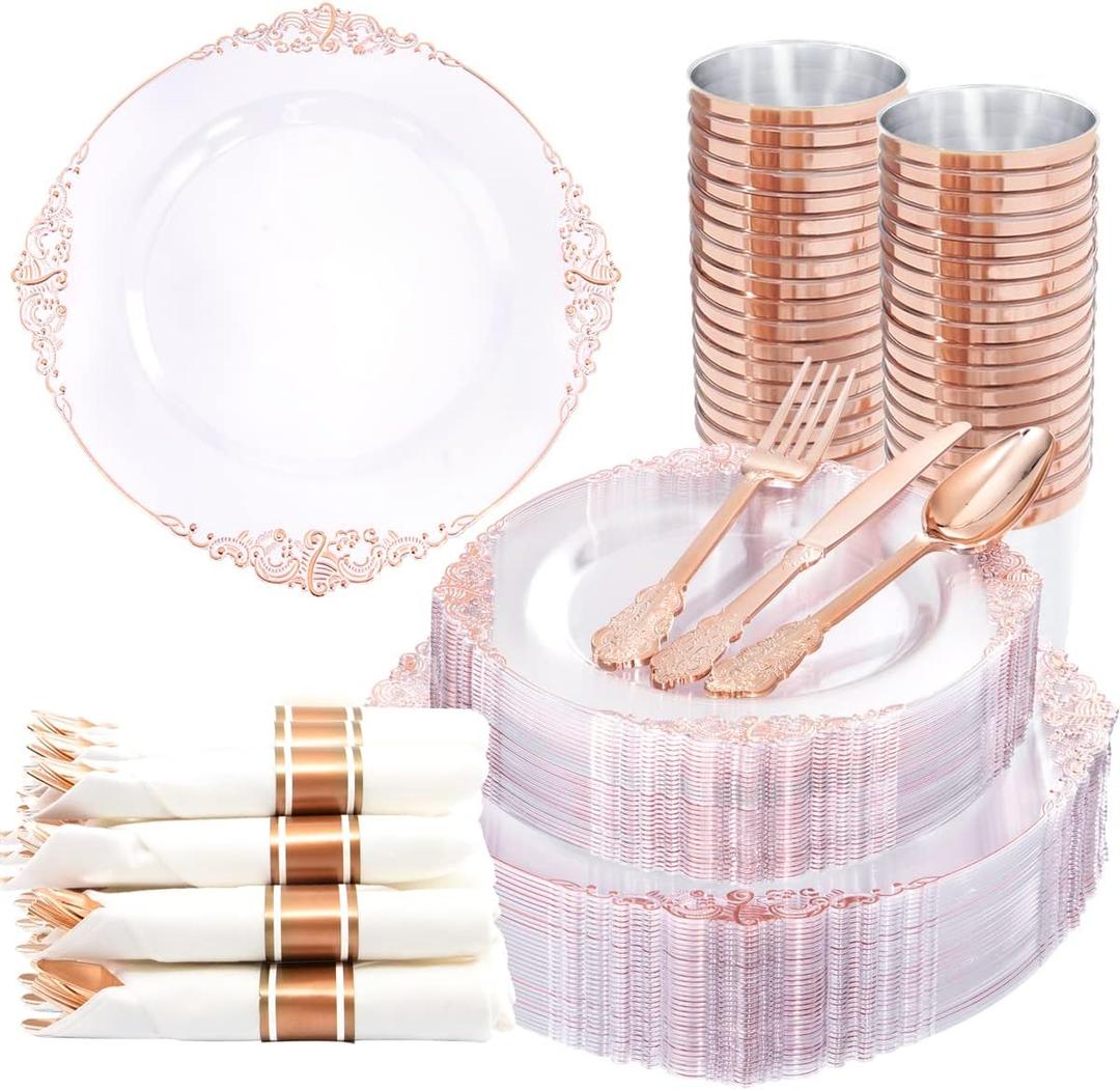 Nervure 350PCS Rose Gold Plastic Plates - Rose Gold Plastic Dinnerware Sets for 50 Guests - 100 Disposable Plates, 150 Silverware, 50 Cups, 50 Napkins for Wedding & Party & Mother's Day