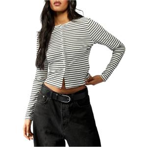 Floerns Women's Striped Long Sleeve Cardigan Crew Neck Button Up Knitted Sweaters, Balck and White, M