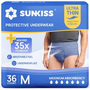 SUNKISS Ultra Thin Incontinence Underwear for Men, Mens Disposable Pull Ups, Fast Absorption & Leak Proof Protection, Moderate Absorbency, Medium, Blue, 36 Count
