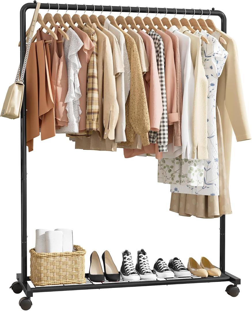 Clothes Rack - Clothing Rack with Storage Mesh Shelf & Casters, Heavy-Duty Metal Clothing Rack for Hanging Clothes, Dresses, Coats, Large Load Capacity, Easy Assembly, Black, 44.3"x16.9"x59.0"