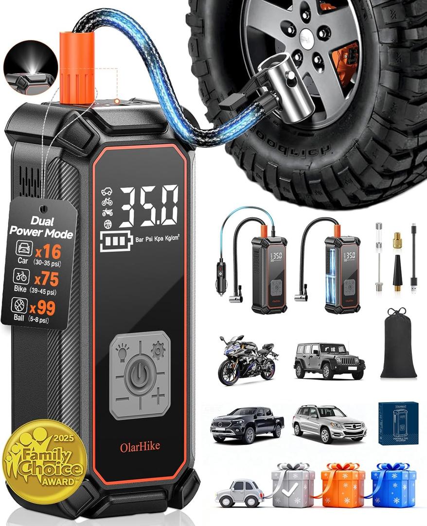 OlarHike Cordless Tire Inflator Portable Air Compressor, 150PSI Dual Power - 5400 mAh & 12V DC, Air Pump for Car Tires, Bike, Motorcycle, Bicycle, Electric Pump with LED Light & Digital Pressure Gauge