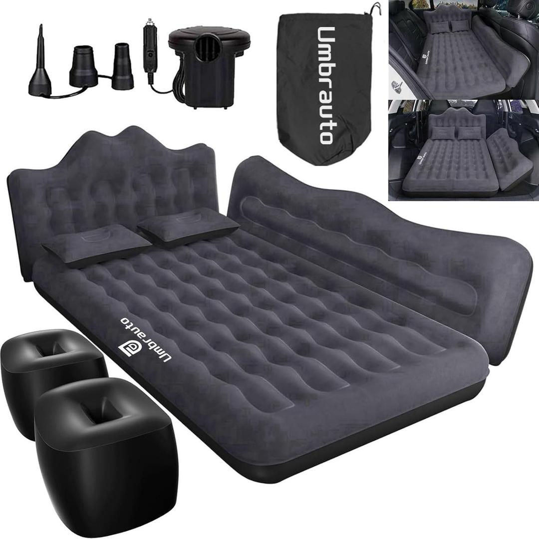 Umbrauto Inflatable Car Mattress Bed: SUV Camping Air Bed for Truck Backseat with Pump & Pillows, Car Sleeping Airbed for Van Back Seat (Black)