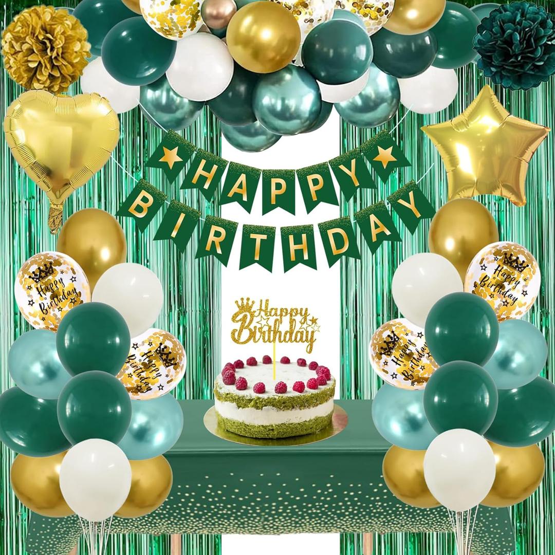 Green Birthday Decorations, Emerald Green and Gold Balloons Party Decorations Happy Birthday Banner Emerald Green Fringe Curtain Bday Tablecloth Paper Pom Poms for Women Men Bday Decor