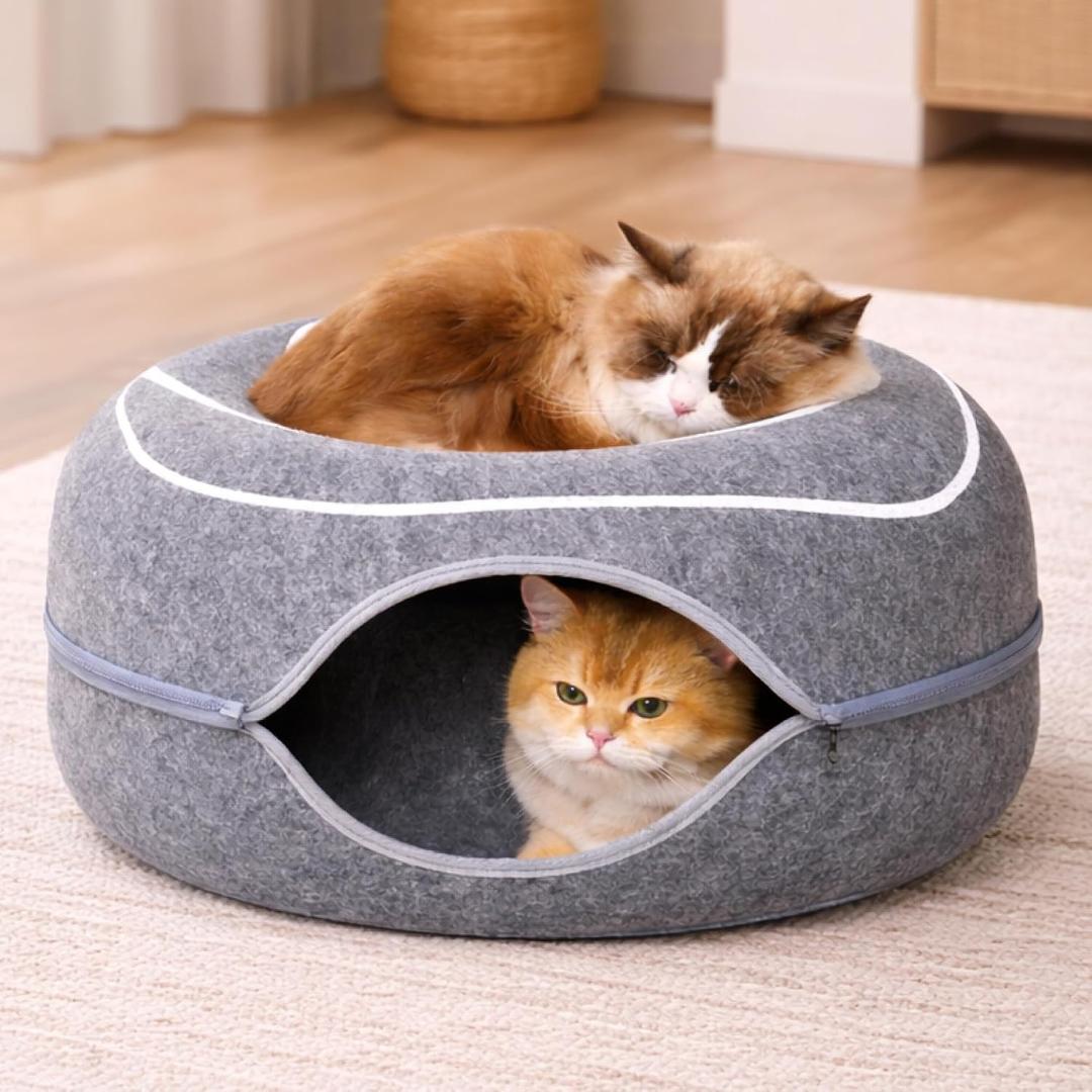 Meowfia Large Scratch-Resistant Peekaboo Cat Cave Donut Tunnel Bed Enclosure for Indoor Cats Multi-Cat Hideaway in Cute Patterns (Dark Gray)